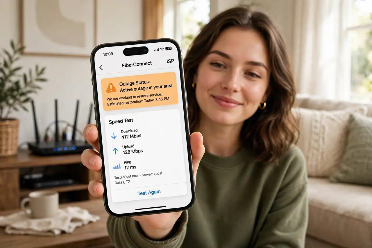 a person holding a real phone showing an ISP app with outage status and speed test legible, a router in the background, the person's face satisfied, living room.