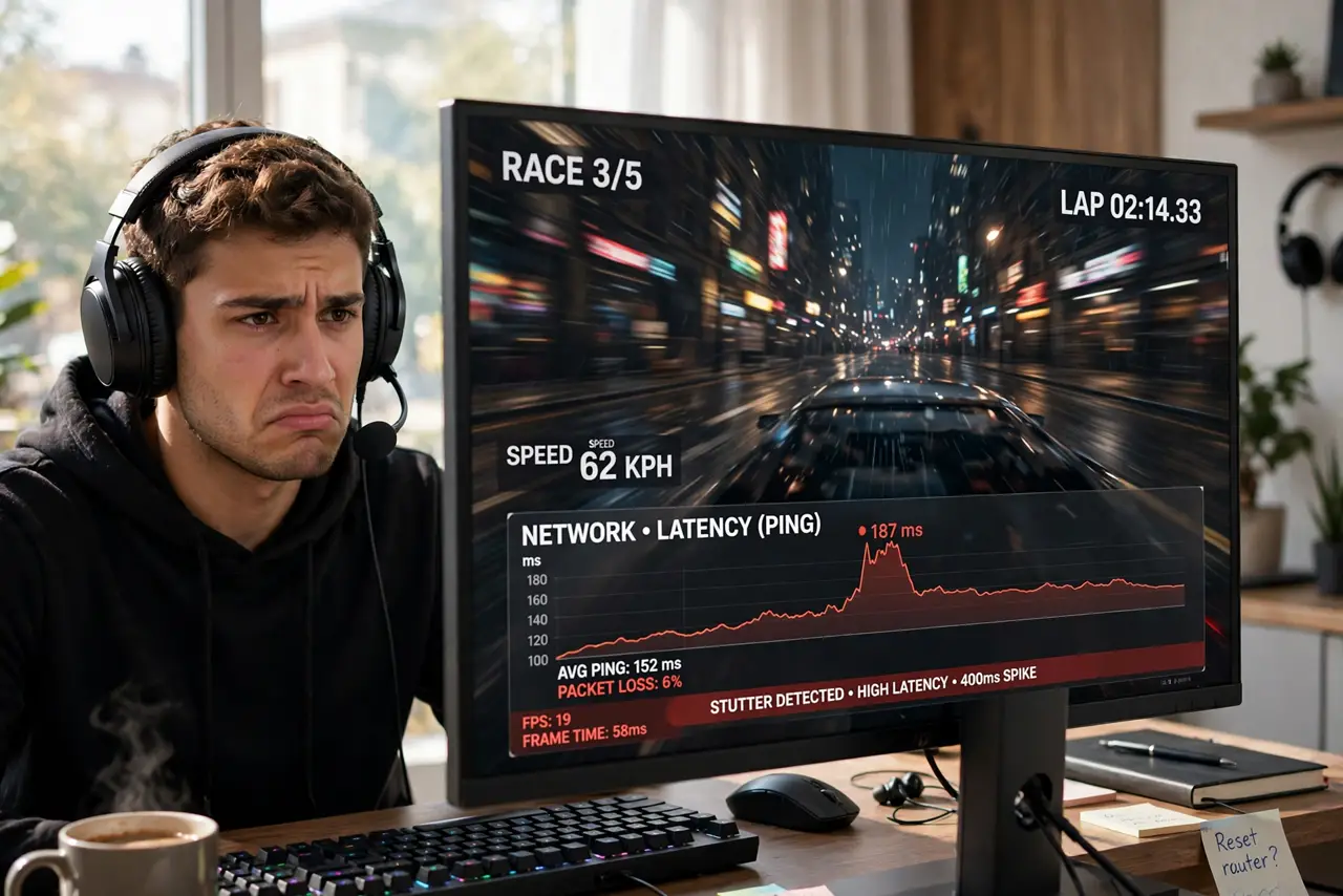 A gamer wearing a headset at a desk with a real monitor showing a game stuttering and a ping graph with legible numbers, the person's face frustrated.