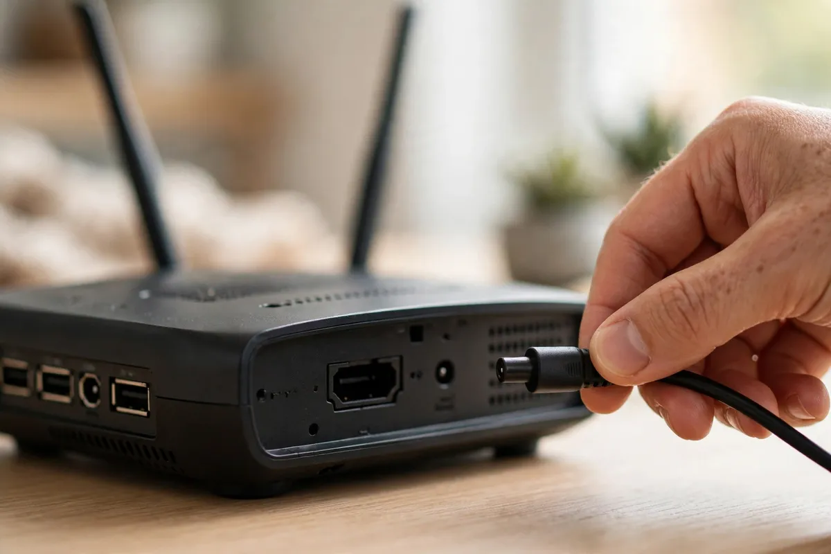 Close-up of a hand holding the unplugged power cable beside the back of a black home router.