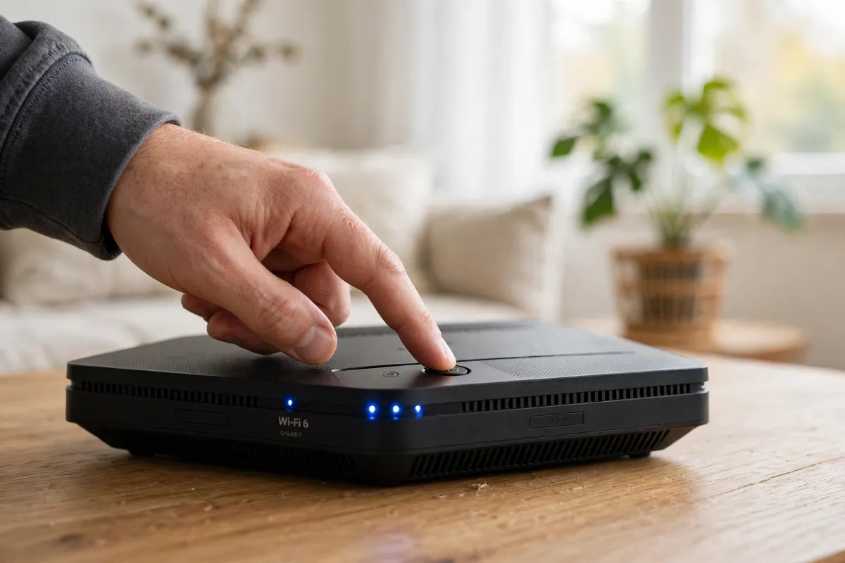 A hand pressing the button on a black home router on a wooden desk in a bright living room.