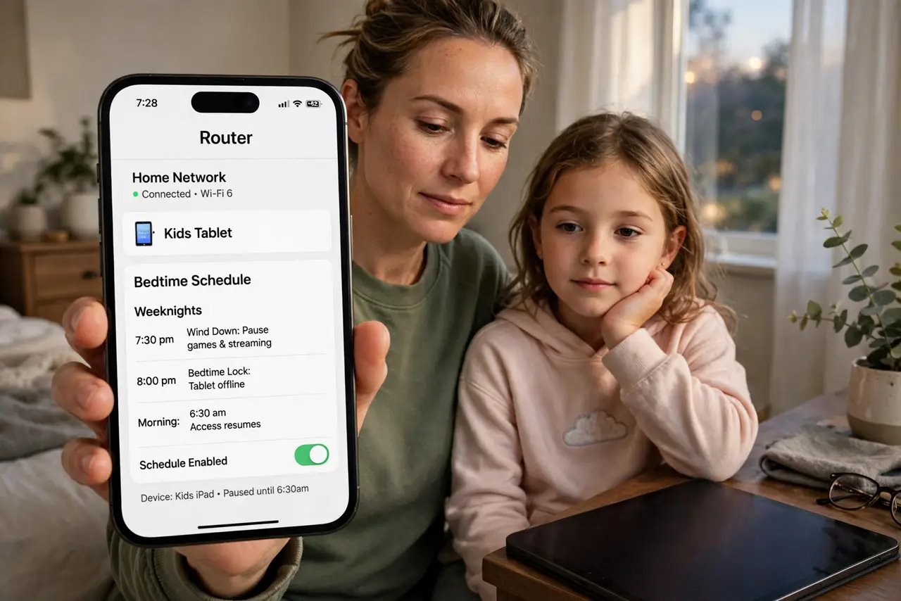 a parent holding a real phone showing a router app with a legible bedtime schedule for a kids tablet, the tablet dark on a nightstand, both faces calm, evening.