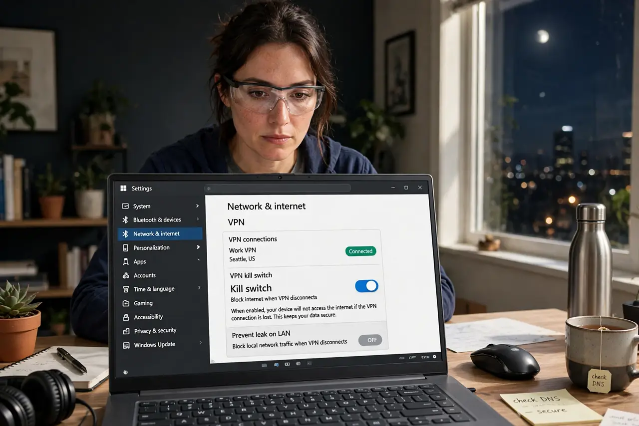 a person checking VPN kill switch settings on a real laptop screen with a legible toggle, the person's face serious and protected, night-time home office.