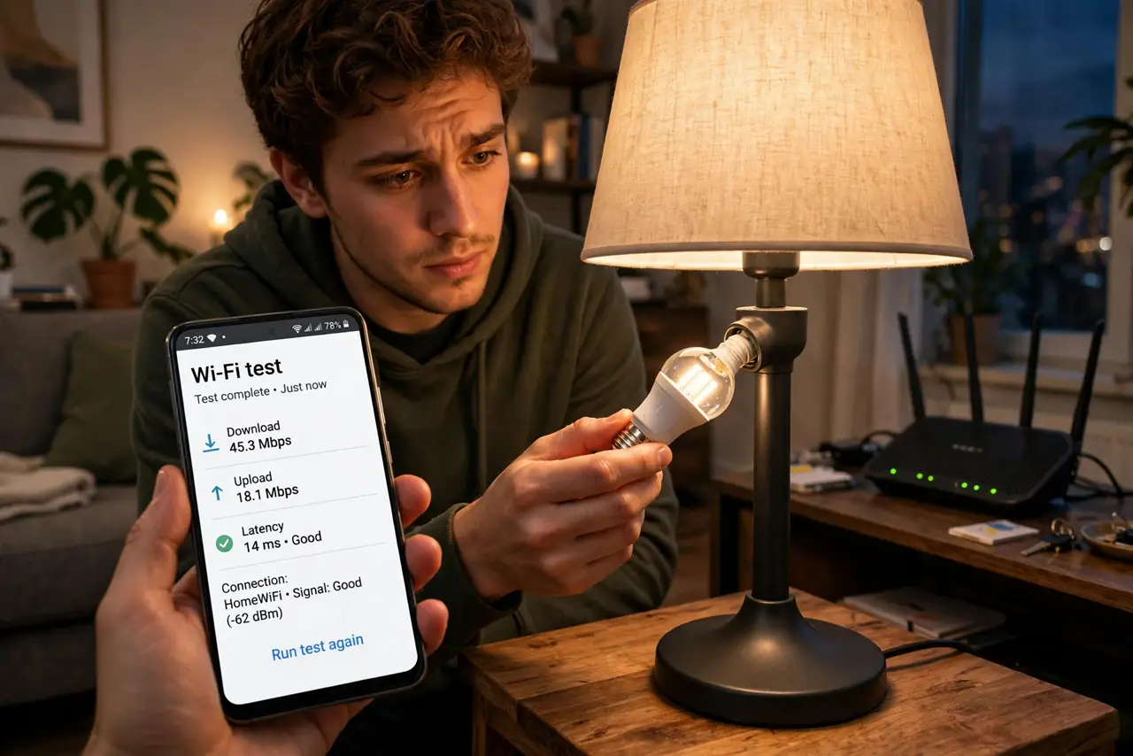 A person unscrewing a cheap LED bulb from a lamp while holding a real phone showing a Wi-Fi test with legible text, the router visible across the room, the person's face curious, evening living room.