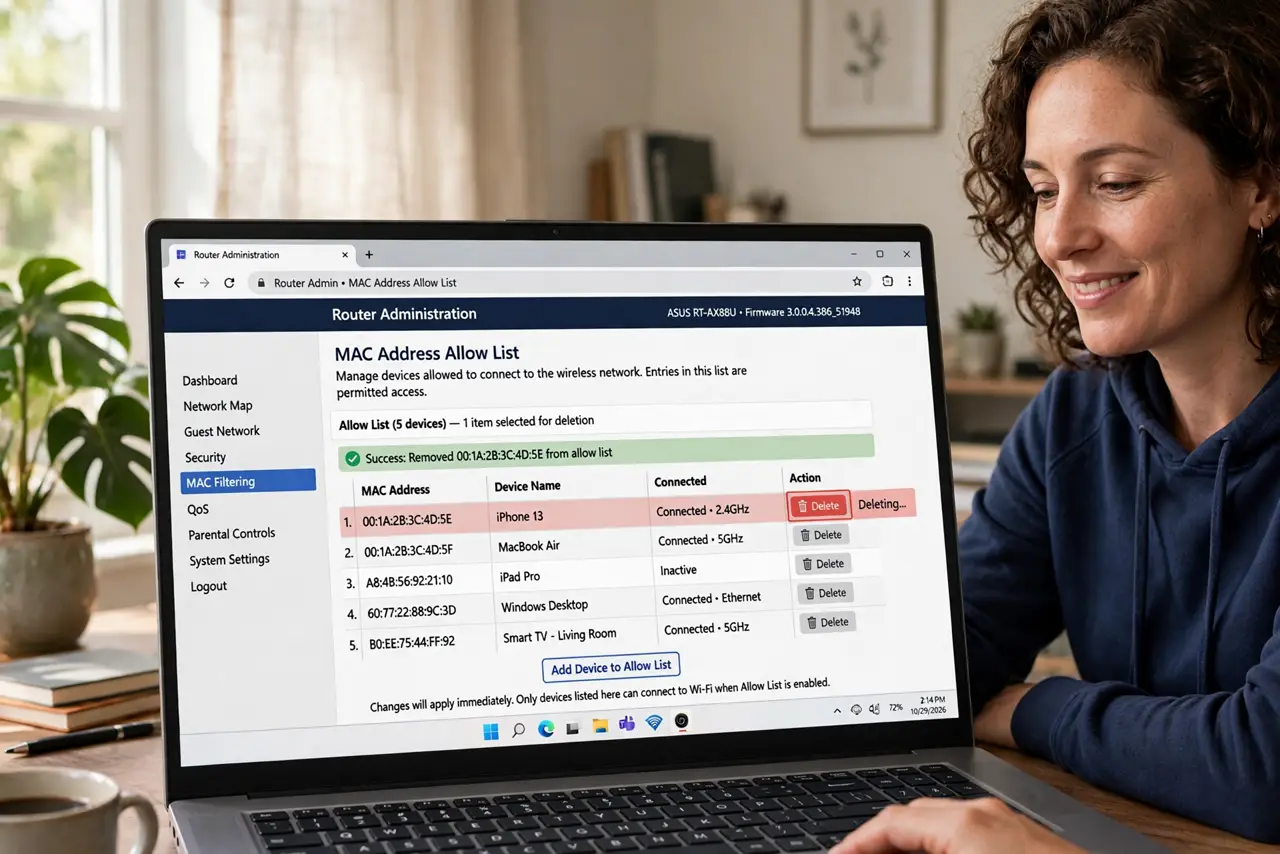 A person deleting a long MAC address allow-list in a real router's admin page on a laptop, the list fully legible, the person's face relieved in a home office.