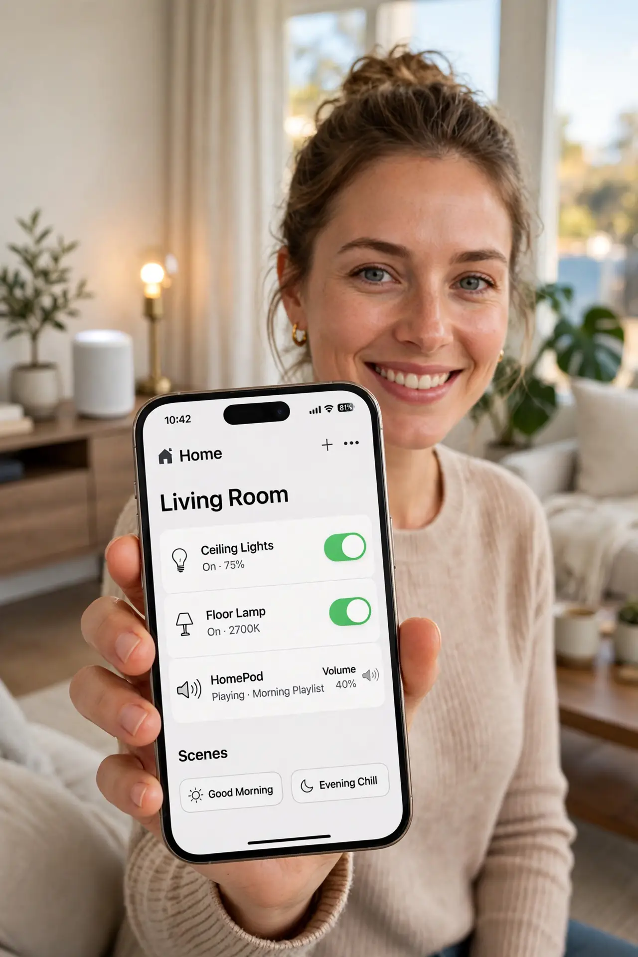 a person in a smart home living room holding a real smartphone showing a smart home app with legible device controls, smart bulbs and a speaker visible, the person's face pleased, daytime.
