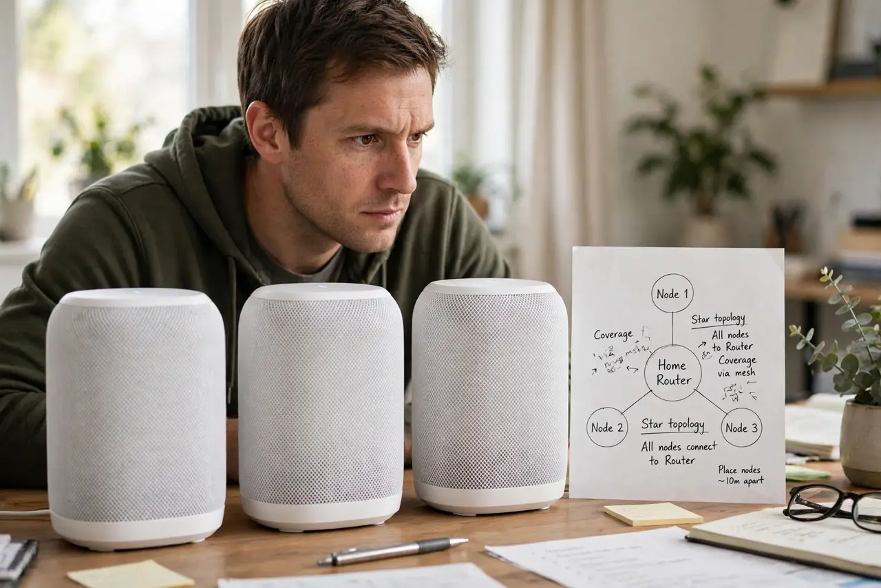 A person looking at three white mesh Wi-Fi nodes lined up on a table with a simple hand-drawn star-layout diagram on paper beside them, the person's face determined, home office.