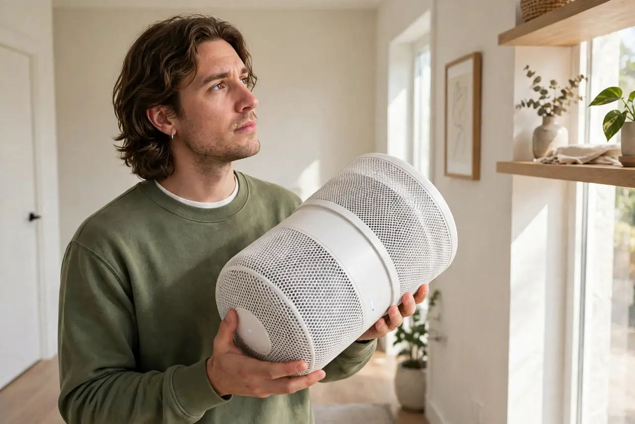 A person holding a white mesh Wi-Fi node at chest height in a bright hallway, deciding where to place it on a shelf, the person's face thoughtful, home interior.