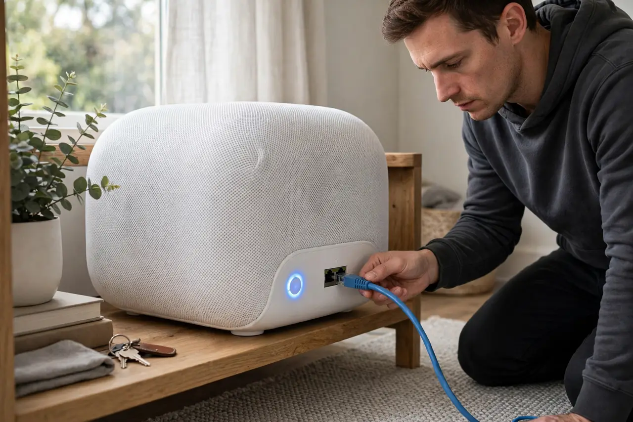A person kneeling by a living room shelf plugging a blue Ethernet cable into the back of a white mesh Wi-Fi node, the node's small status light glowing, the person's face focused, daylight.