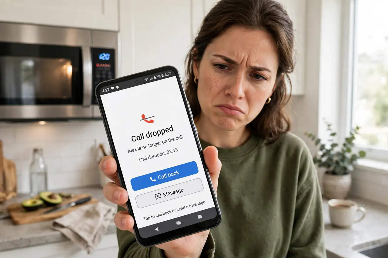 A person in a kitchen holding a real phone showing a dropped video call with legible text while a microwave runs on the counter behind them, the person's face frustrated.