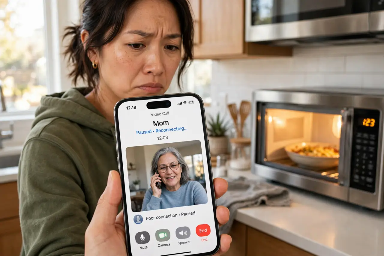 a person in a real kitchen holding a phone showing a frozen video call, a real microwave running on the counter nearby with its light on, the person's face frustrated, midday. No b.