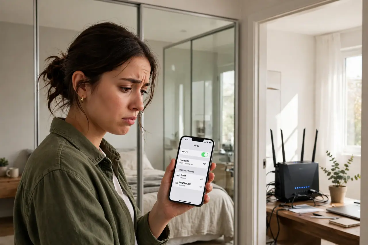 a person holding a real phone showing weak Wi-Fi signal standing before large mirrored closet doors, a real router visible in the next room, the person's face puzzled, bedroom. No .