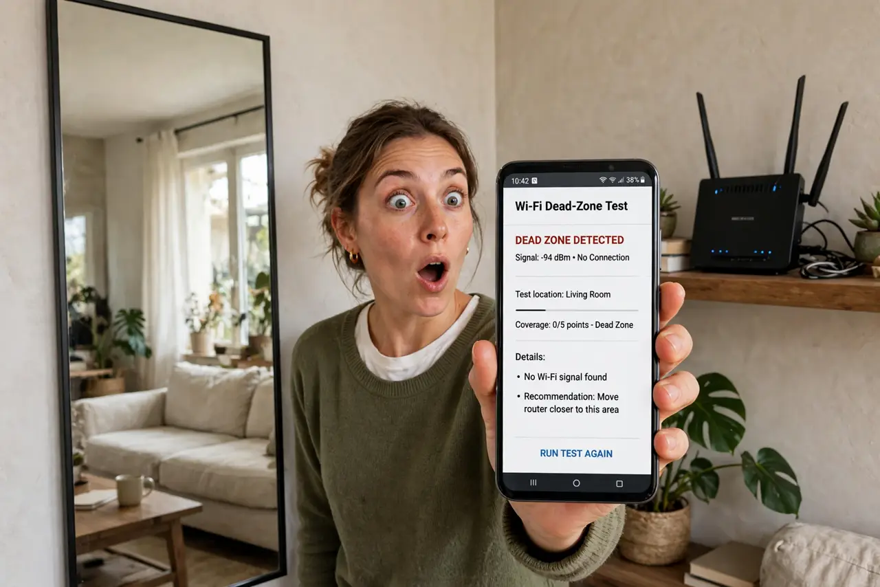 A person standing between a large wall mirror and a router on a shelf, holding a real phone showing a Wi-Fi dead-zone test with legible text, the person's face surprised, living room.