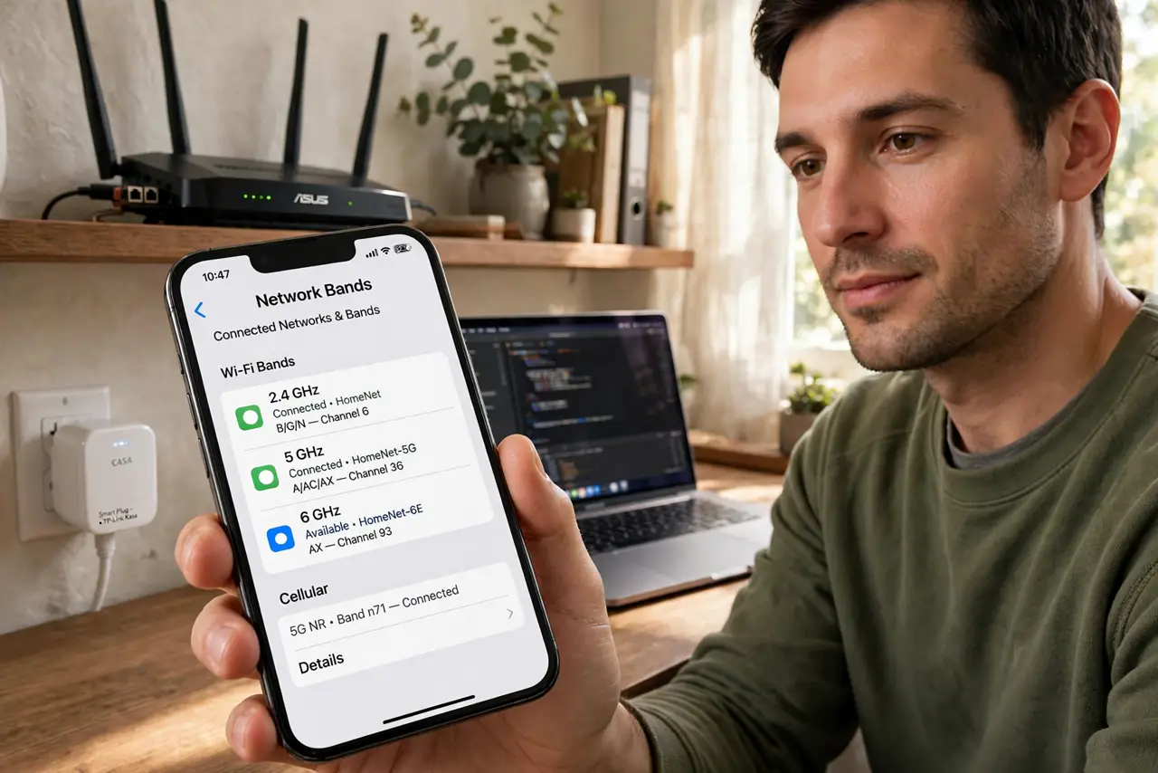 a person at home with a mix of old and new devices — an older smart plug, a new laptop, a real router on a shelf — a smartphone showing network bands with legible labels, the person's face assured, daytime.