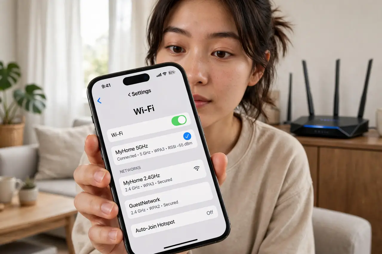 a person holding a phone showing a Wi-Fi settings screen with legible band information, a modern router with visible antennas behind, the person's face curious, living room.