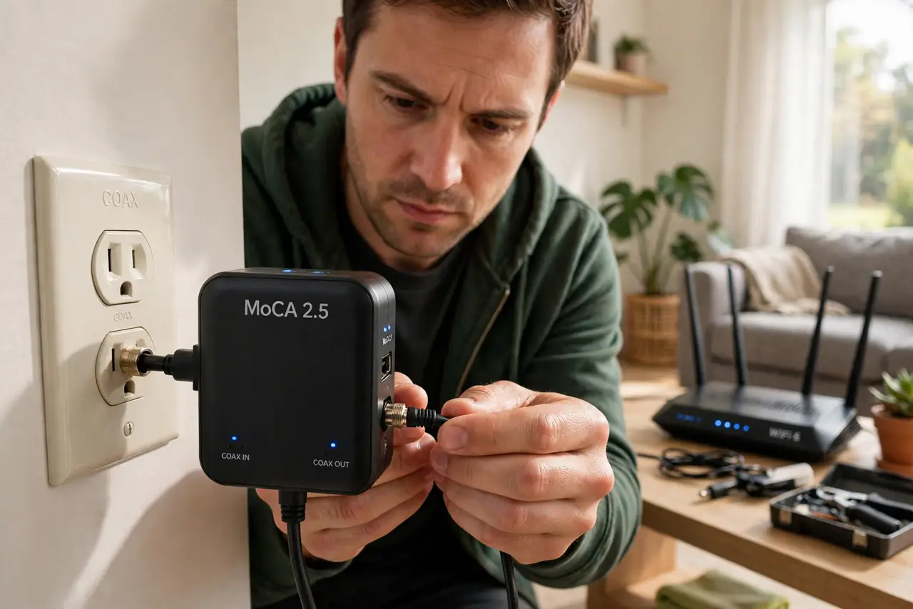 A person connecting a small black MoCA adapter to a coax wall outlet with a short cable, a router visible nearby on a shelf, the person's face focused, living room.