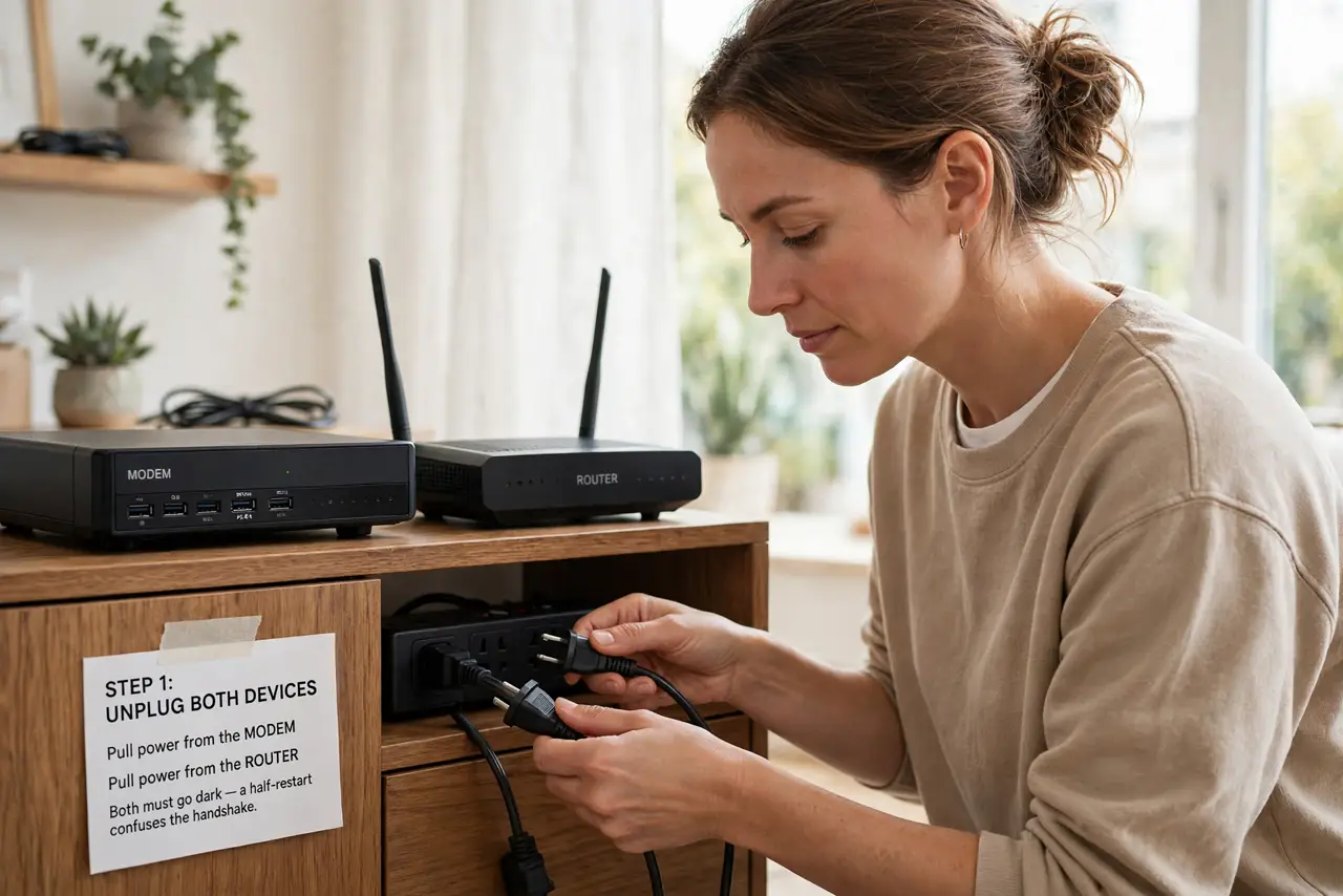 A person performing the first step of the guide: Unplug both devices.