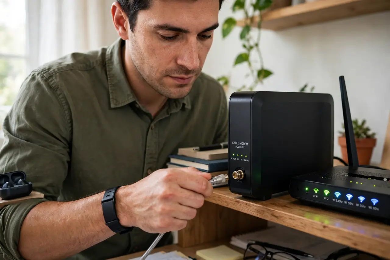 a person unplugging a real cable modem on a shelf while a Wi-Fi router sits beside it with lights visible, the person's face methodical, home office corner.