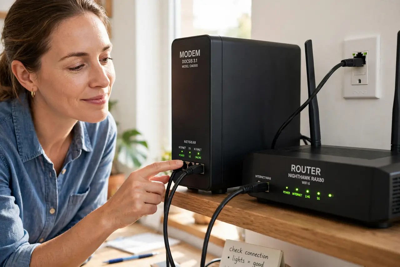A person tracing a cable from the wall jack to a real modem and then to a real router on a shelf, both boxes with lights visible and labels readable, the person's face enlightened.