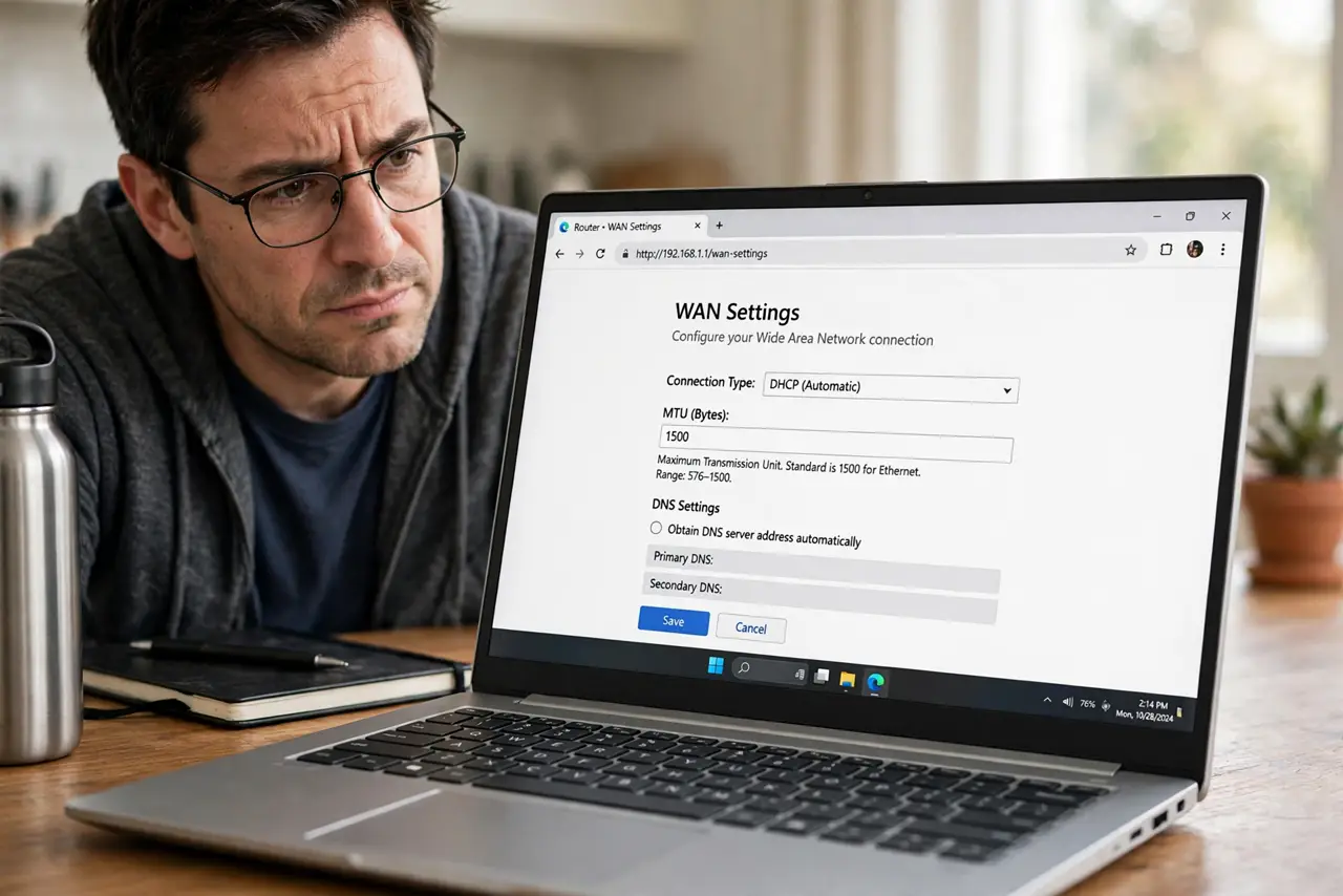 A person viewing the MTU field in a real router's WAN settings on a laptop, the 1500 value fully legible, the person's face skeptical but attentive.