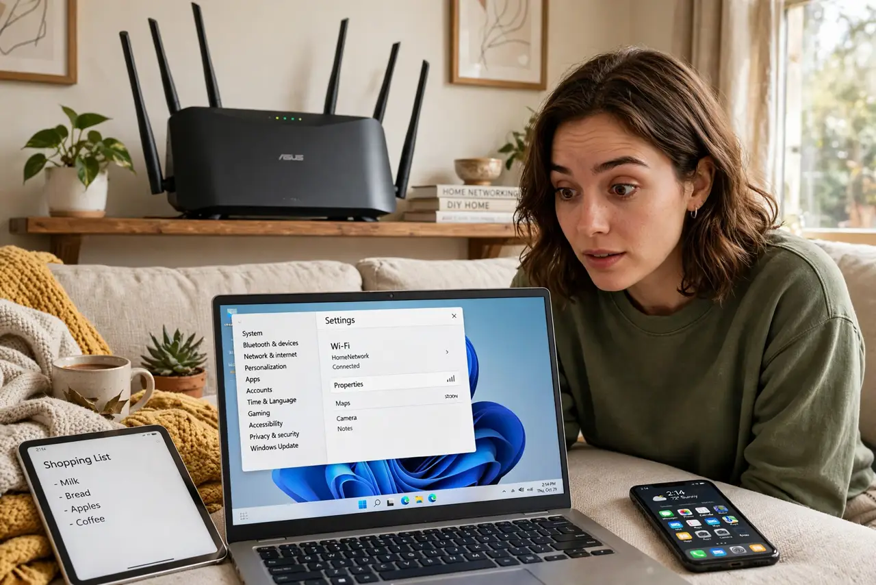 A person in a living room with several real devices (laptop, phone, tablet) on a couch, a real router with visible antennas on a shelf, the person's face…