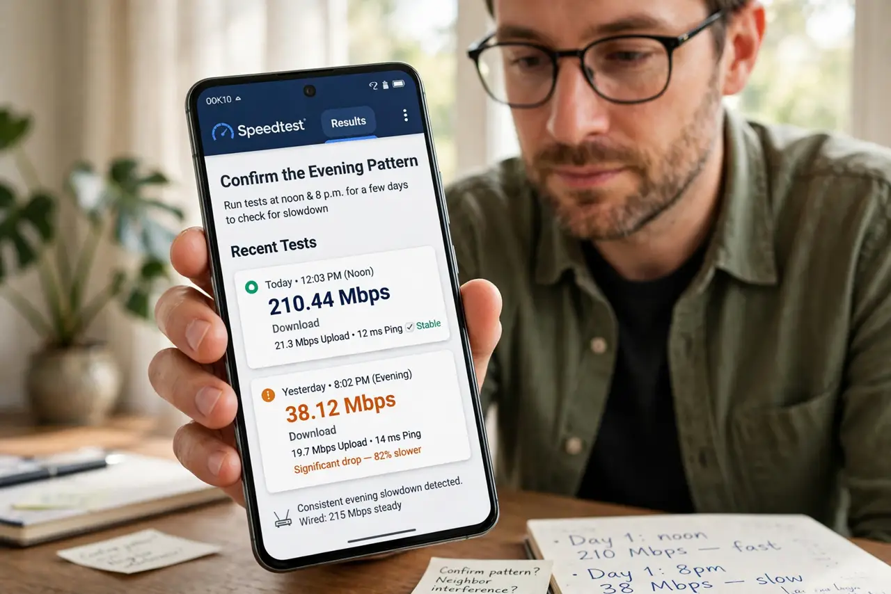 Neighbor Wi-Fi Interferes Only in the Evening — step 1 being performed on the device.
