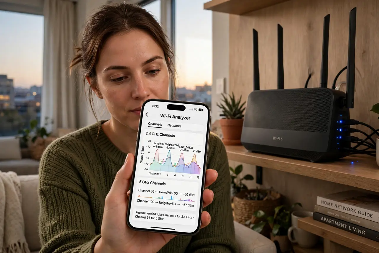 a person in an apartment holding a real phone showing a Wi-Fi analyzer app with channel graphs, a real router visible on a shelf nearby, the person's face focused, evening living r.