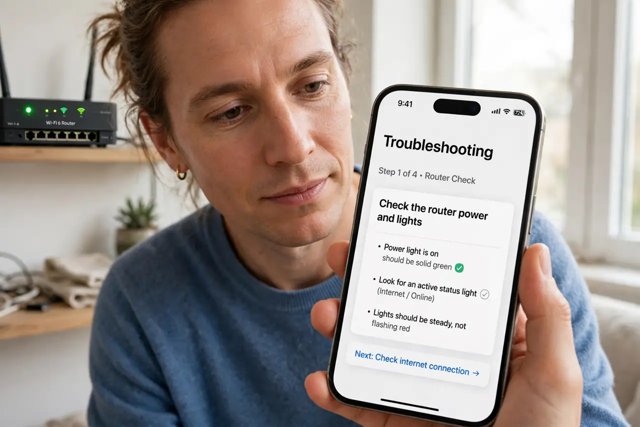 Person performing step 1: Check the router power and lights. Look at the router and confirm it is powered on with its usual lights. A router with no lights cannot...