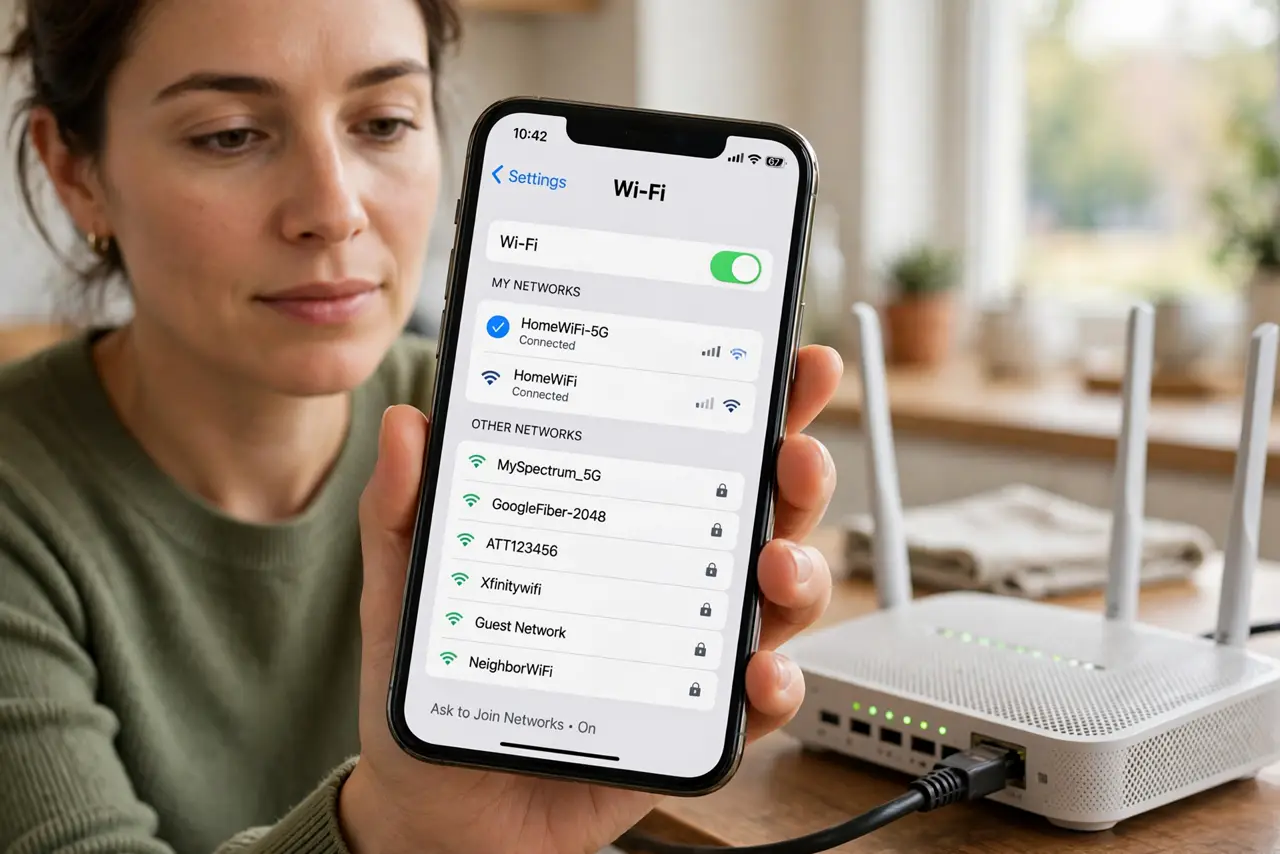 Photorealistic photo: A calm adult holding a real phone near a real router, the real Wi-Fi network list visible complete and legible, the person checking calmly.