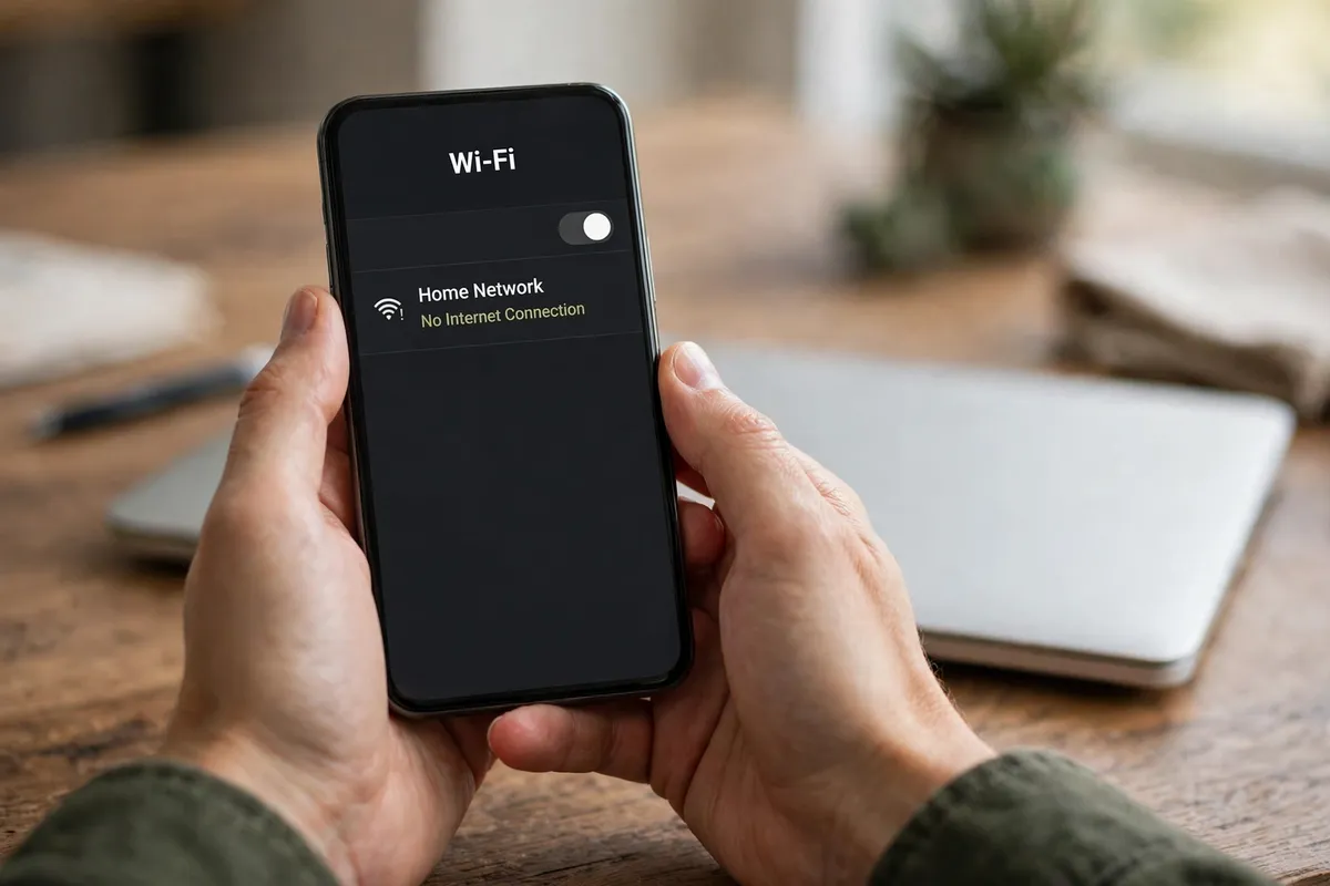 Hands holding a phone showing the Wi-Fi settings screen with Home Network and No Internet Connection, beside a closed laptop.