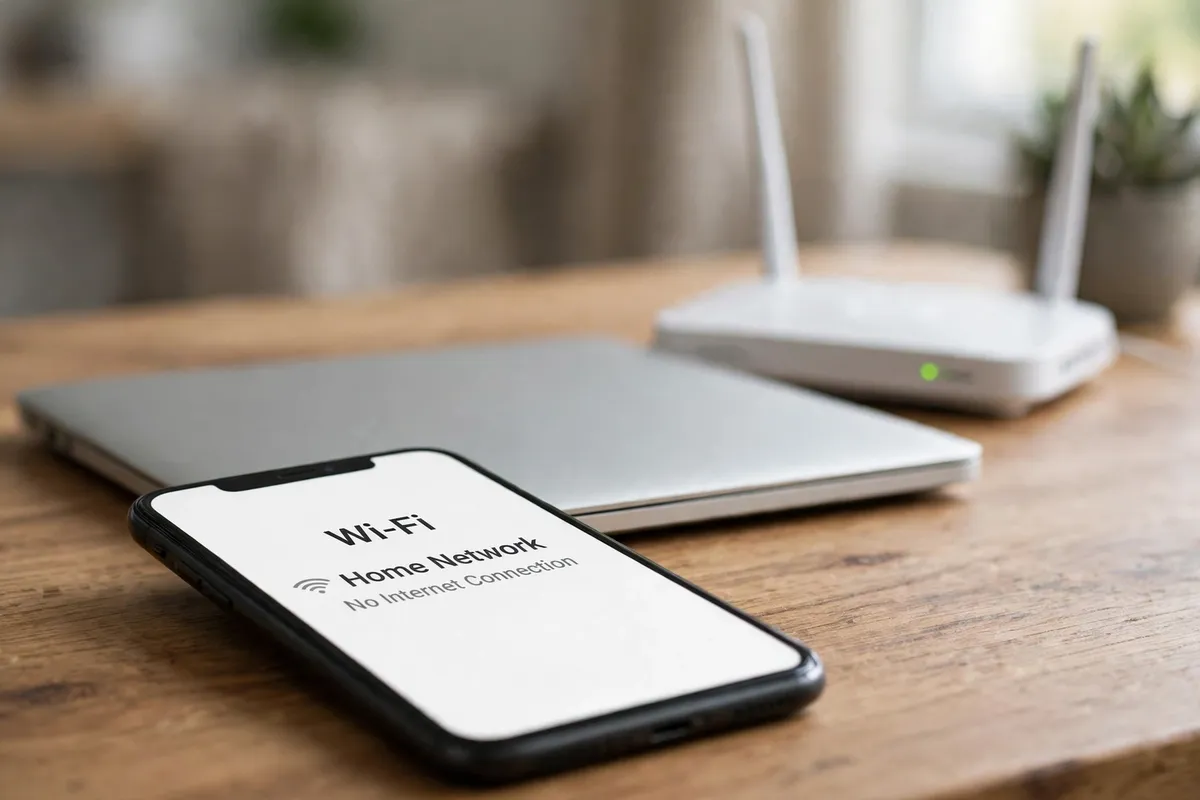 A phone on a desk showing the Wi-Fi settings screen with Home Network and No Internet Connection, beside a closed laptop and a white router.