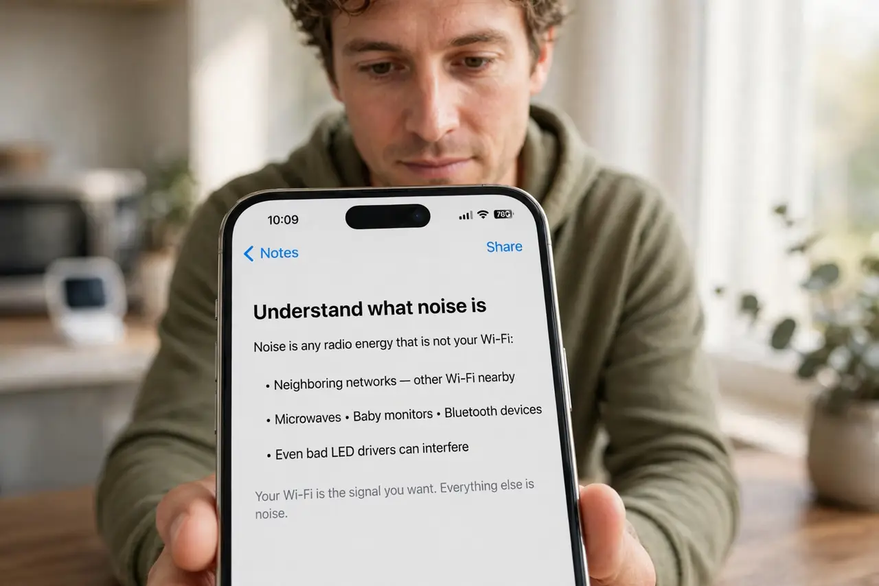 A person performing step 1: Understand what noise is. Noise is any radio energy that is not your Wi-Fi: neighboring networks, microwaves, .