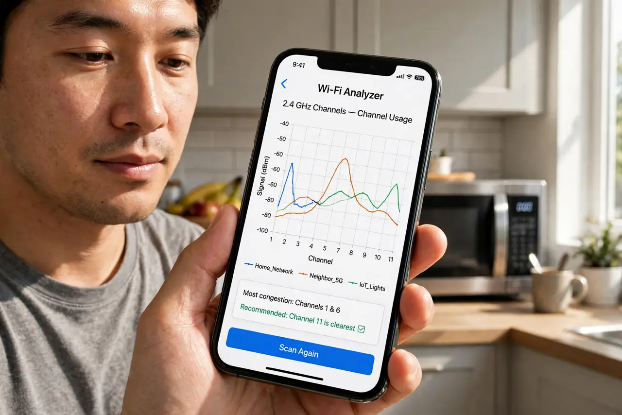 A person holding a real smartphone showing a Wi-Fi analyzer with channel graph legible, a microwave oven visible in the kitchen behind, the person's face enlightened, home.