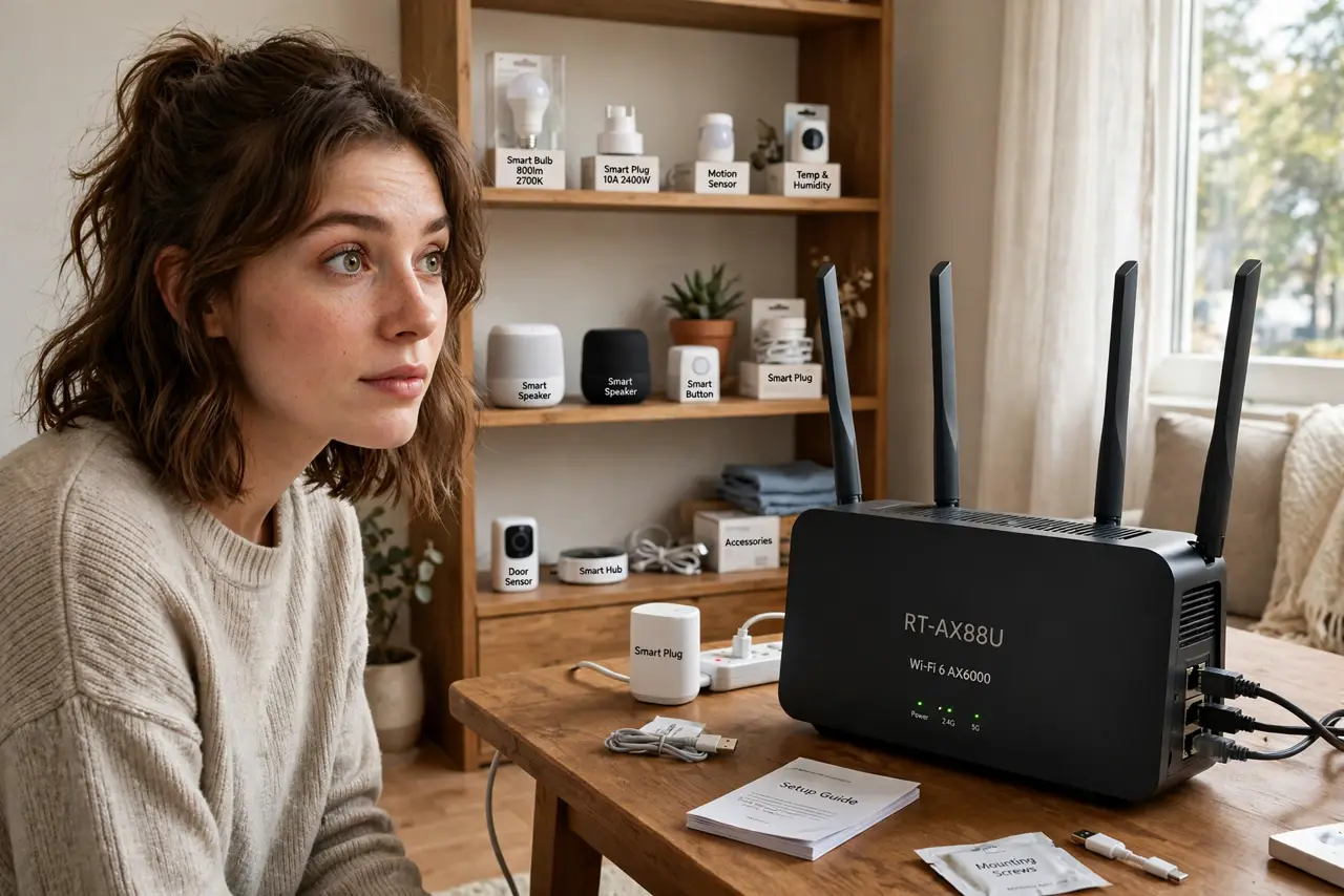 A person in a living room with many small real smart home gadgets (bulb, plug, speaker) on shelves, a real router on a table, the person's face curious, warm…