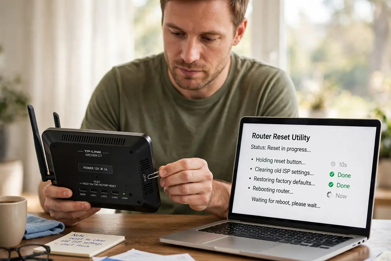 A person performing the first step of the guide: Reset the old router.
