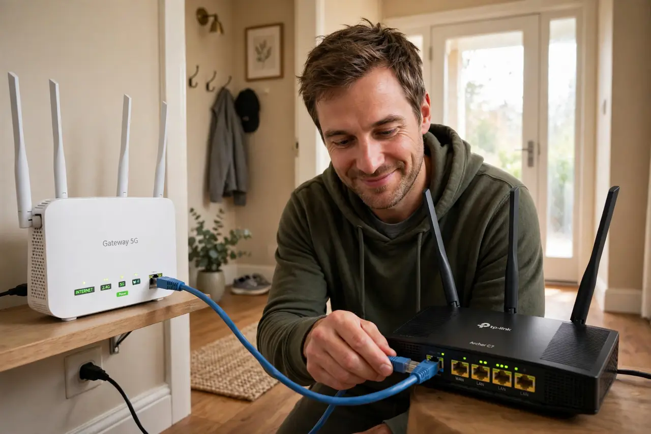 a person running an ethernet cable from a main router to a real old router configured as an access point, the person's face handy and satisfied, home hallway.