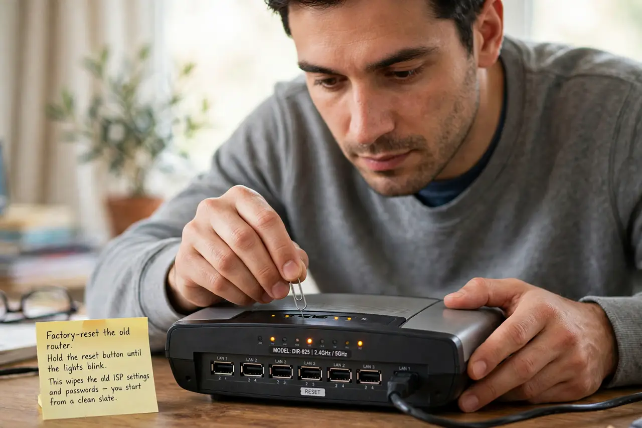 A person performing the first step of the guide: Factory-reset the old router.