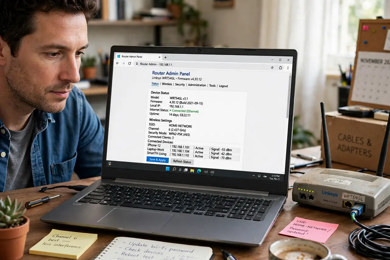 a person configuring a real old router with a laptop showing a legible admin page, the router dusty but working, the person's face resourceful, home office.