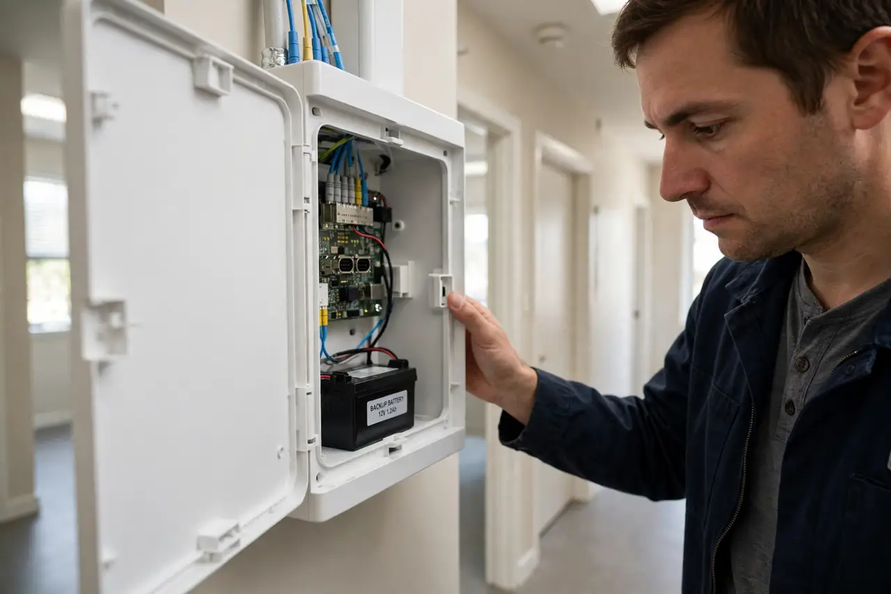 A person opening a white fiber ONT box on a wall, revealing a small backup battery inside, the person's face focused, hallway.