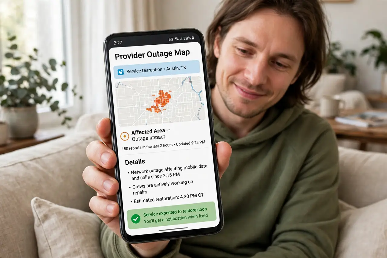 A person holding a real phone showing a provider outage map with a highlighted affected area and legible text, sitting on a couch, the person's face relieved to have an answer.