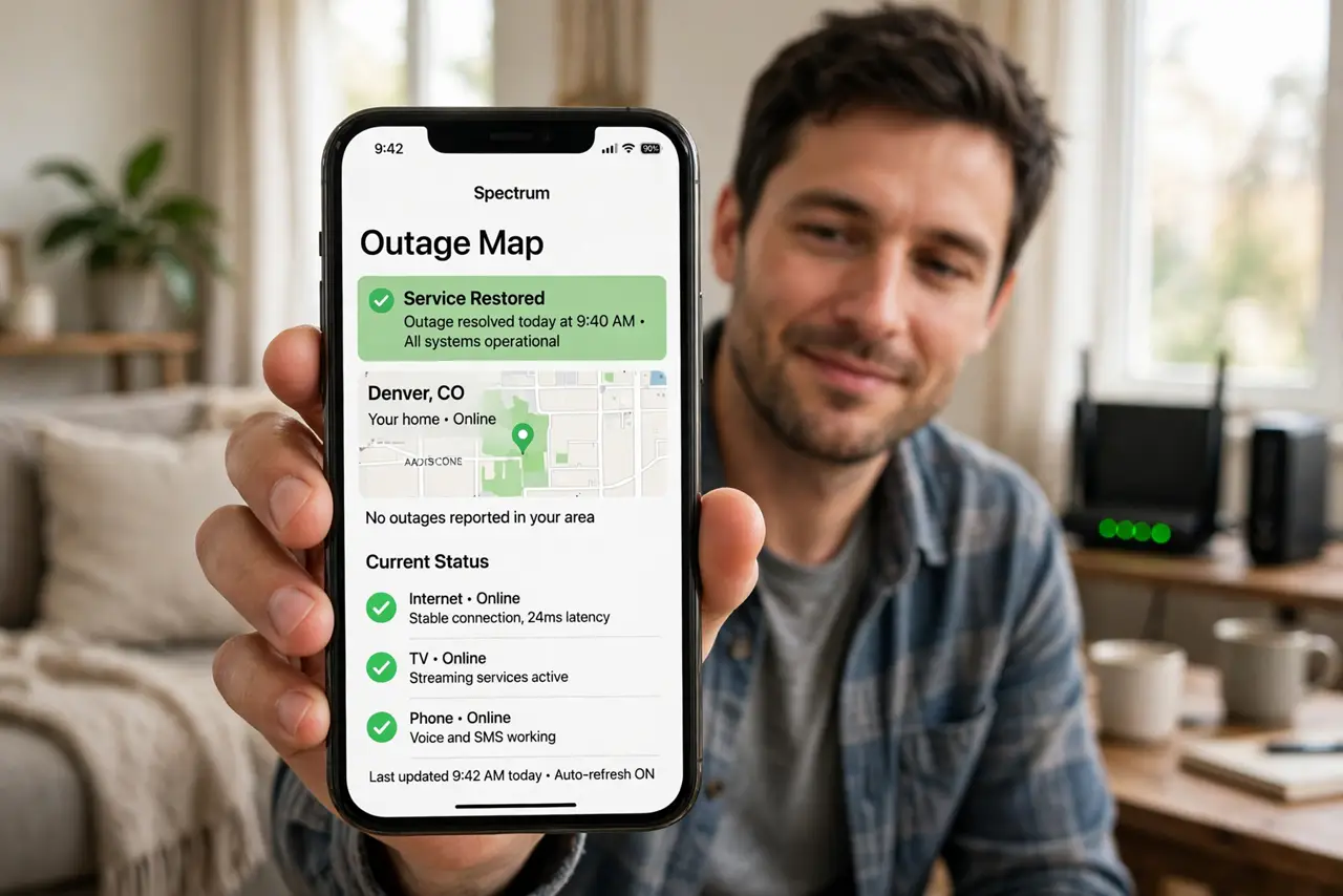 a person holding a real phone showing an ISP outage map with legible status, a router with normal lights behind, the person's face relieved, living room.
