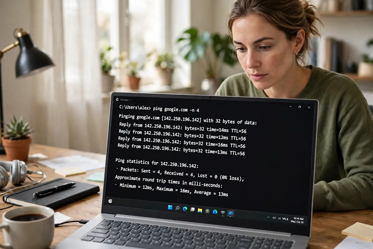 A person at a desk with a real laptop showing a terminal window with ping statistics and packet loss percentages fully legible, the person's face concentrated, home office.