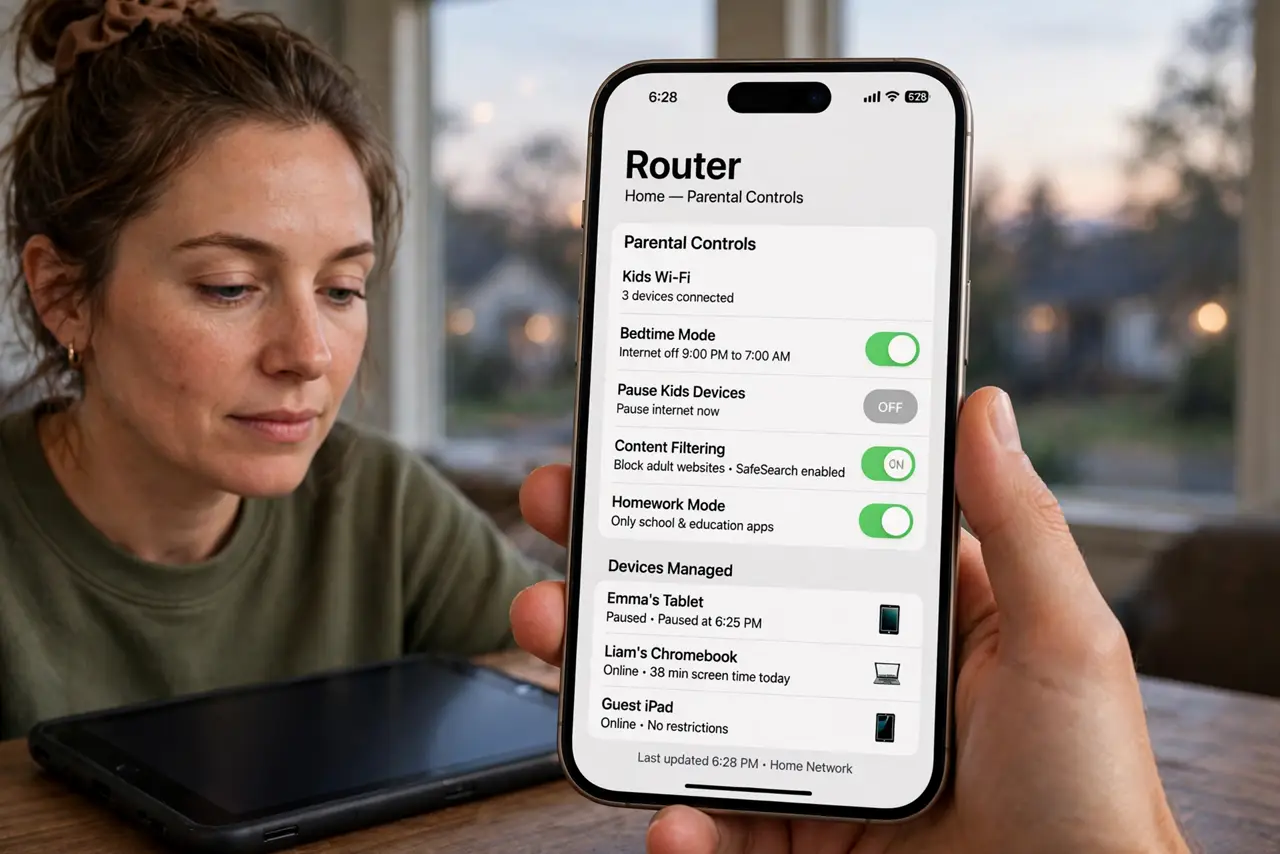 a parent holding a real phone showing a router app with legible parental control toggles, a kids tablet dark on the table, the person's face calm, evening.