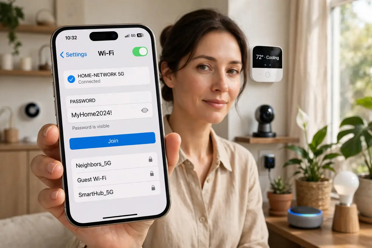 Changed Wi-Fi Password — a calm adult holding a real phone showing Wi-Fi settings with the new password entry fully legible, real smart