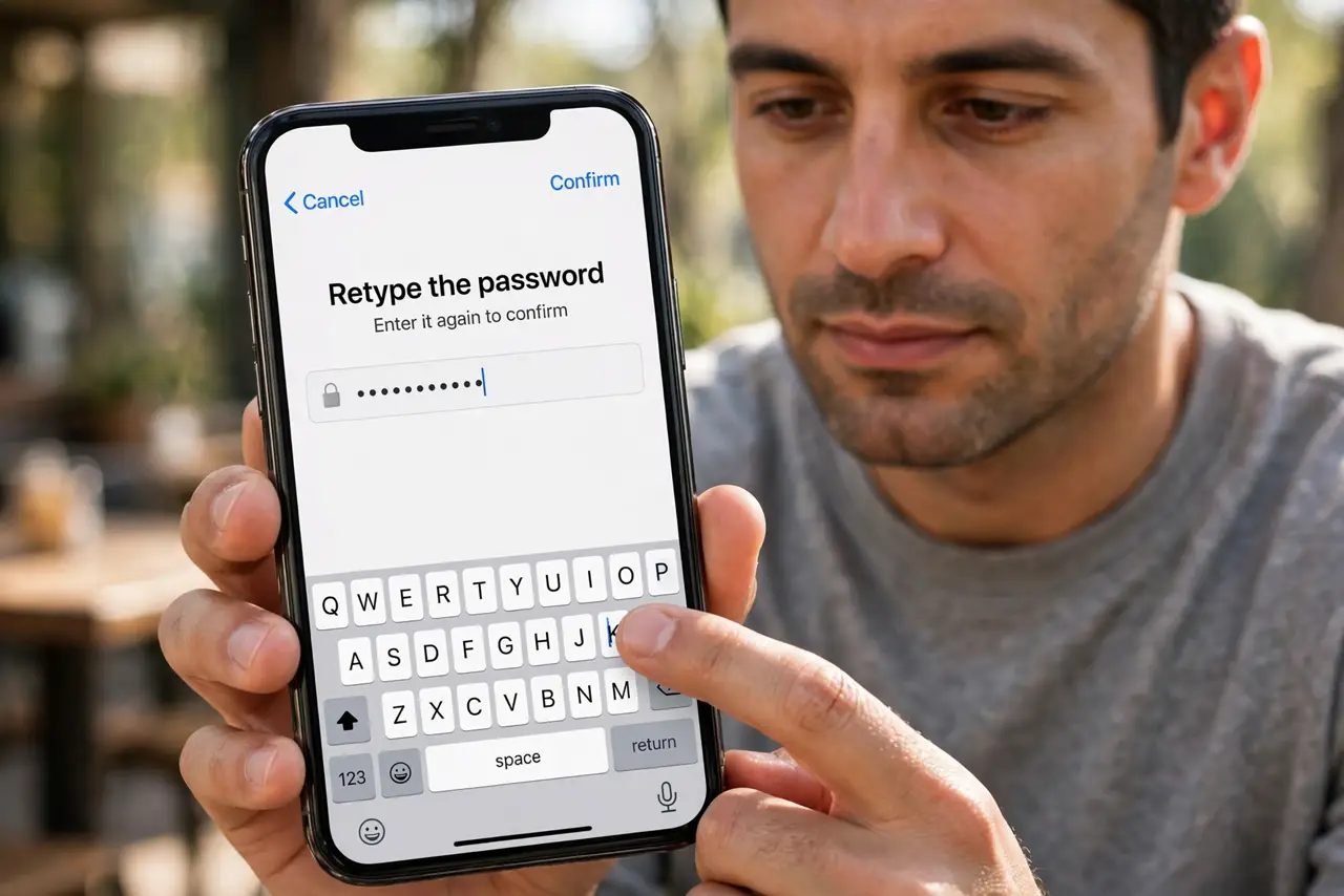 Person performing step 1: Retype the password slowly. Type the password one character at a time, watching capitals, numbers, and lookalike characters such as zero...