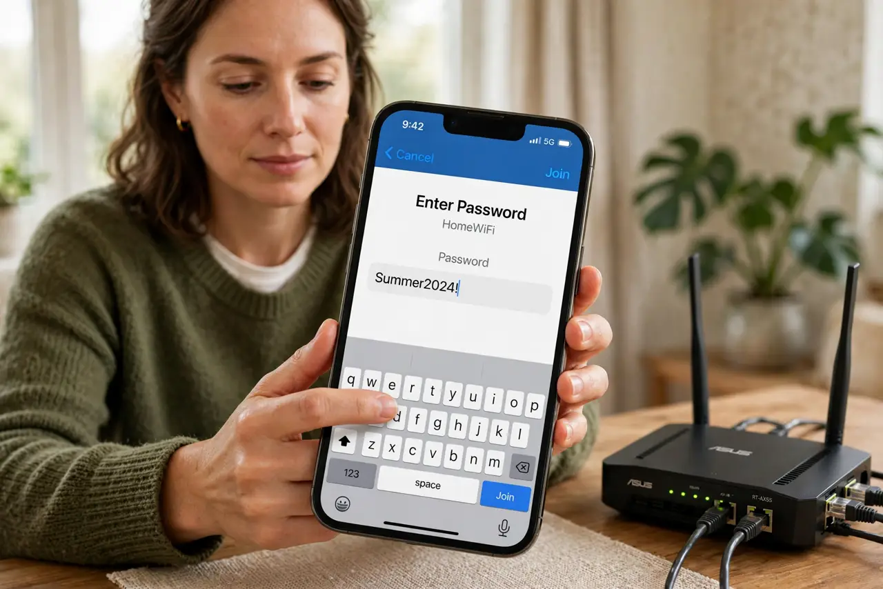 Photorealistic photo: A calm adult holding a real phone near a real router, the real Wi-Fi password entry screen visible complete and legible, the person typing carefully.