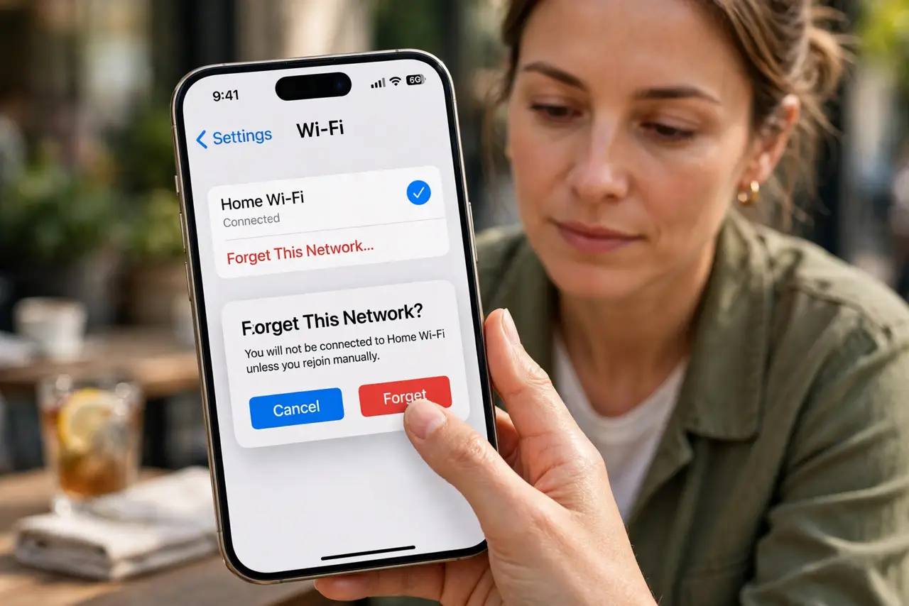 Step 1 in action for Wi-Fi Password Correct but Won't Connect: Forget the network and rejoin fresh.