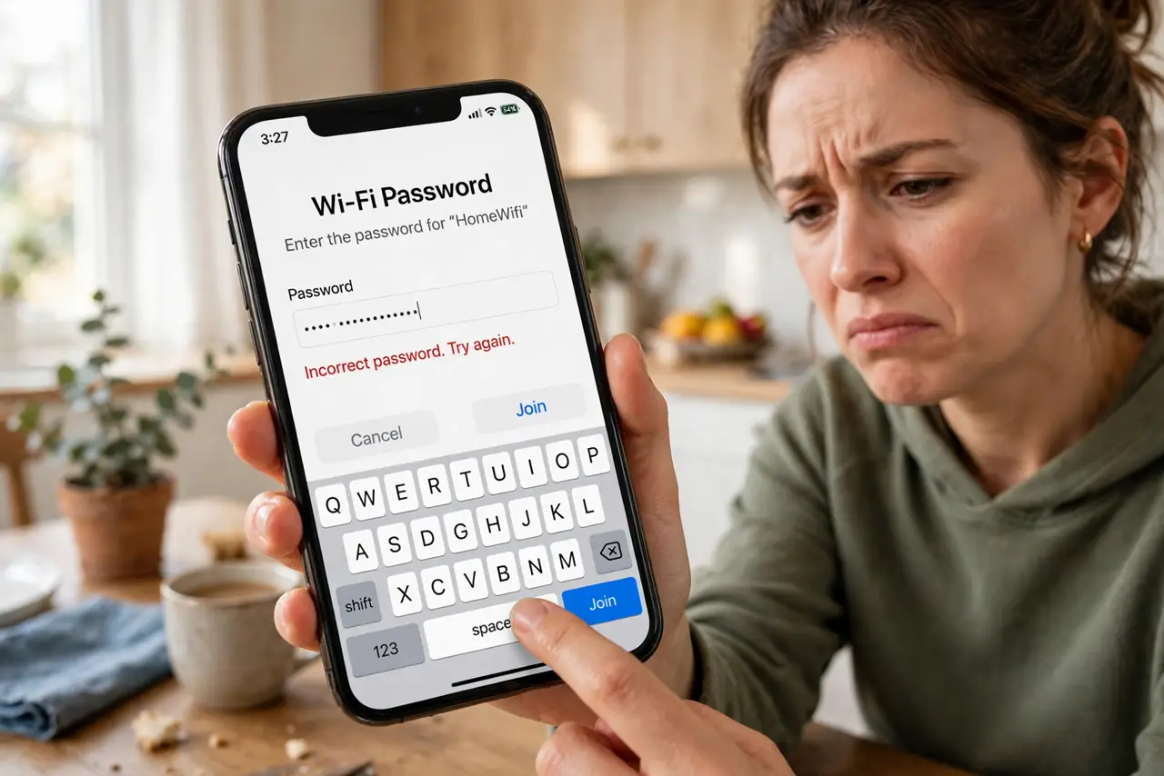 Wi-Fi Password Correct but Won't Connect — a person typing a Wi-Fi password on a real phone with the password field and an error message legible on scree