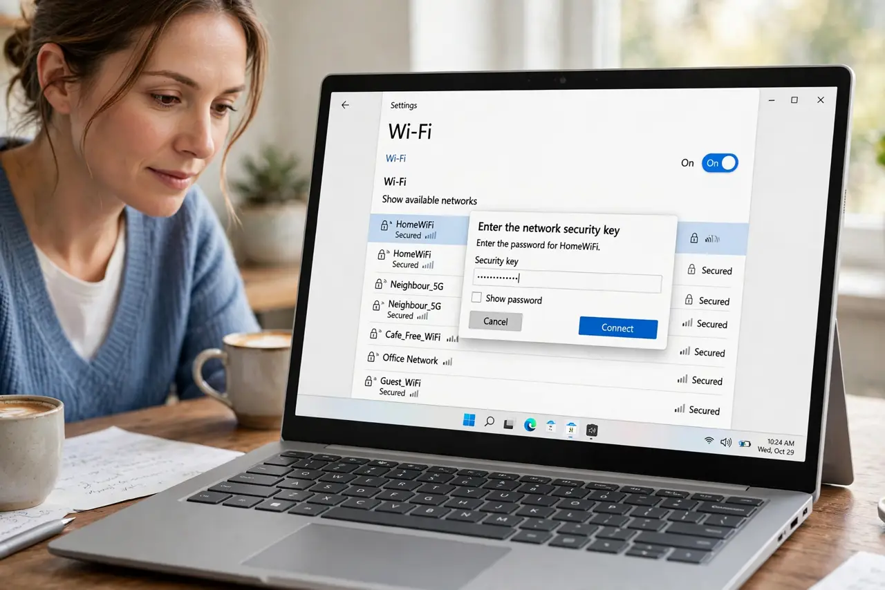 a calm adult with a real Windows laptop, the Wi-Fi settings page open on the real laptop screen with the network list and password prompt clearly legible.
