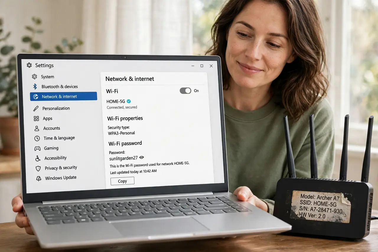 Router Sticker Faded — a calm adult holding a real laptop showing the Wi-Fi password in settings with fully legible text, a real rout
