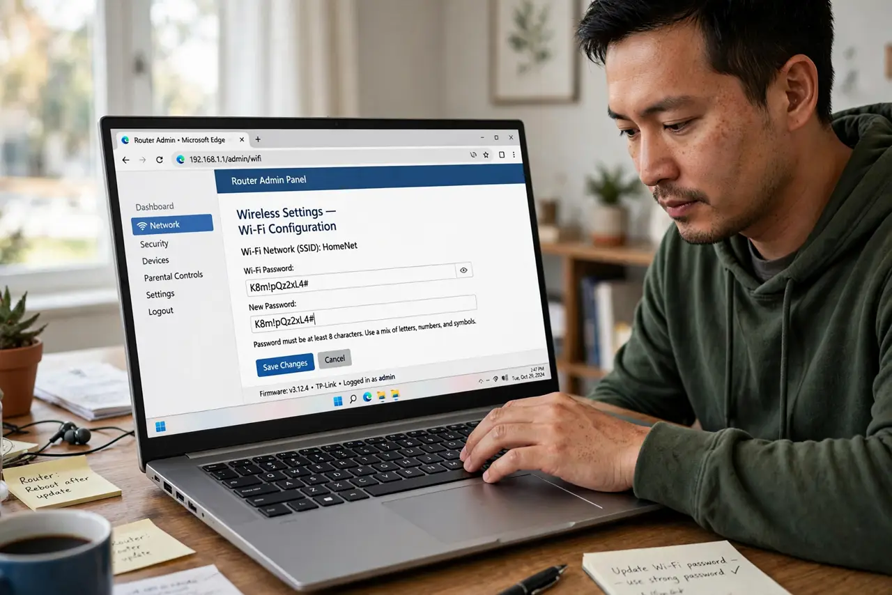 A person typing a new password on a real laptop showing a router admin page with a legible Wi-Fi password field, the person's face determined, home.